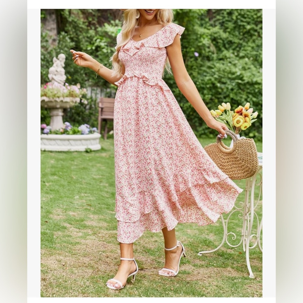 NWOT Casual Flowy Floral Sleeveless Dress Ruffle V Neck Dress